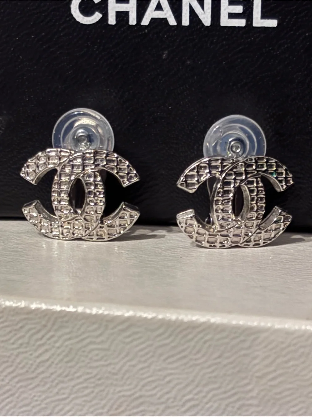 CHANEL Silver Quilted CC Logo Stud Earrings w/COA